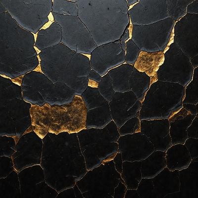 The primary subject of the image is a close-up of a black and gold pattern, which appears to be a piece of art or a decorative item. The setting is a black background, which contrasts with the gold and black pattern. The visual style is a combination of digital art and illustration, creating a unique and eye-catching design. The colors and mood of the image are predominantly black and gold, giving it a sophisticated and elegant appearance.